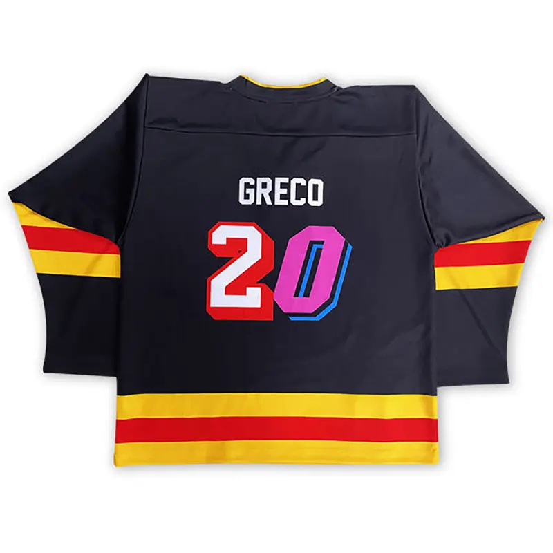 Back view of a black hockey jersey with player name and number 20