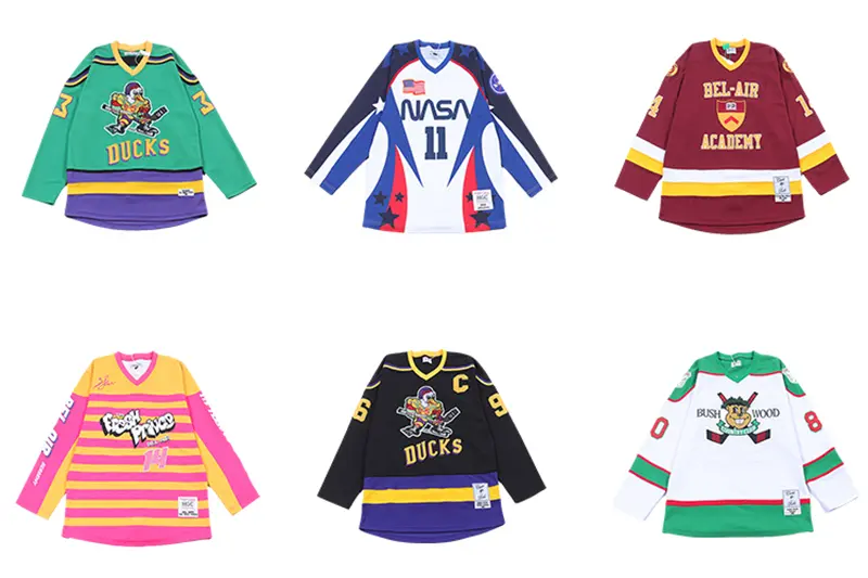 Hockey jersey designs showing different shoulder panels and stripe layouts