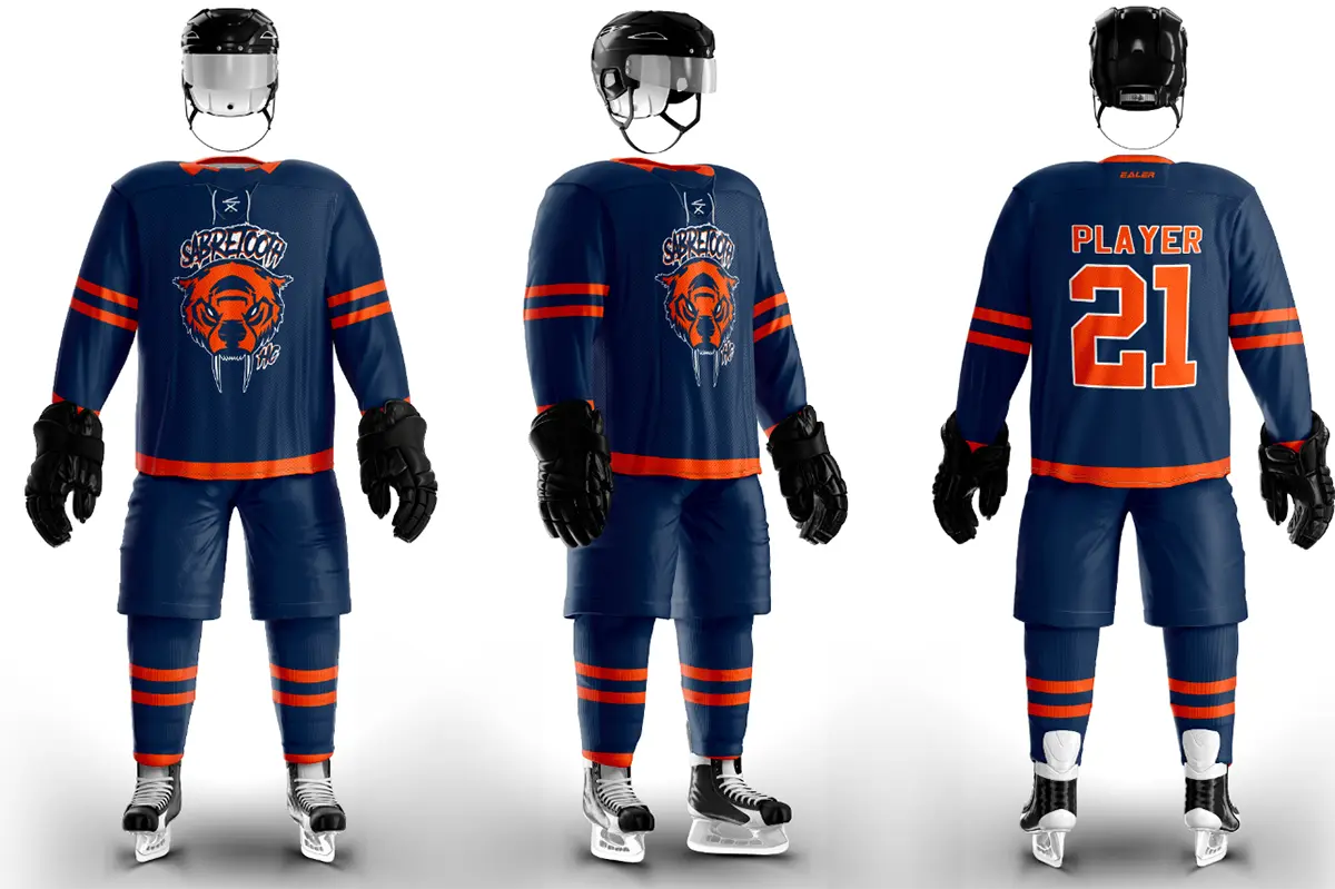 Custom hockey uniform shown from the front, side, and back