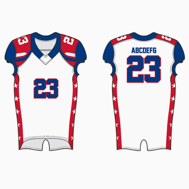 Front and back design for a white red and blue American football jersey