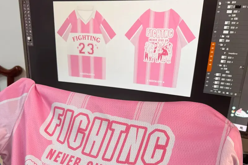 Pink player jersey beside its front and back artwork file