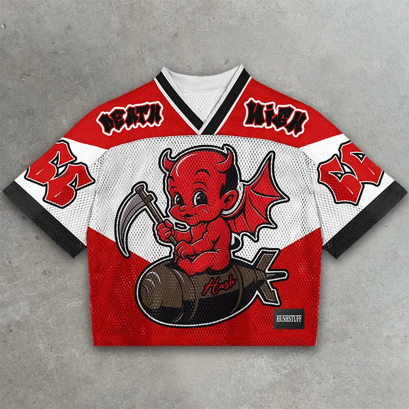 Red, white, and black mesh lacrosse jersey with a devil graphic