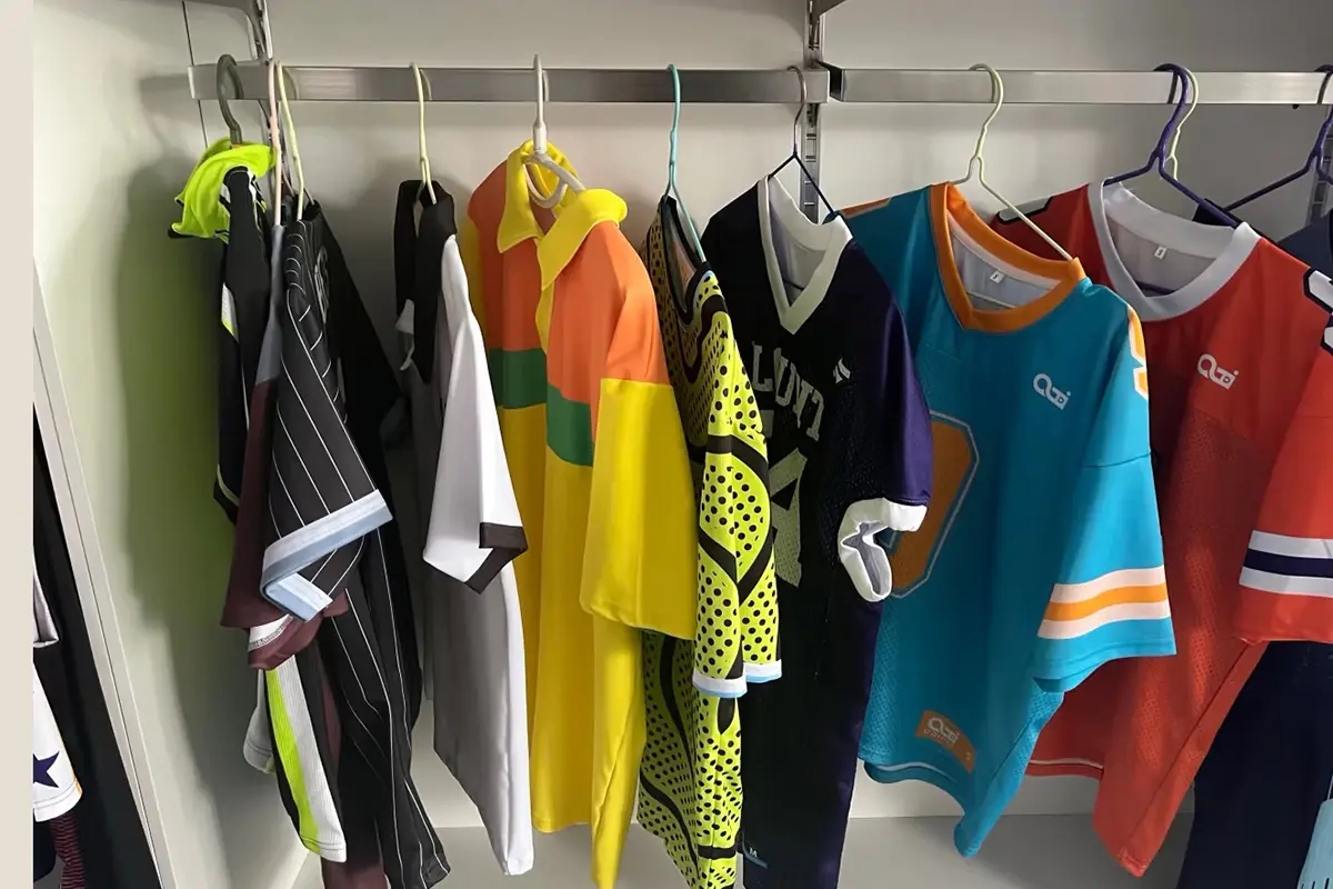 Team jersey samples showing different sleeves, necks, and body cuts